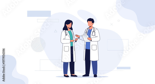 Two doctors in lab coats discussing medical chart, modern healthcare illustration