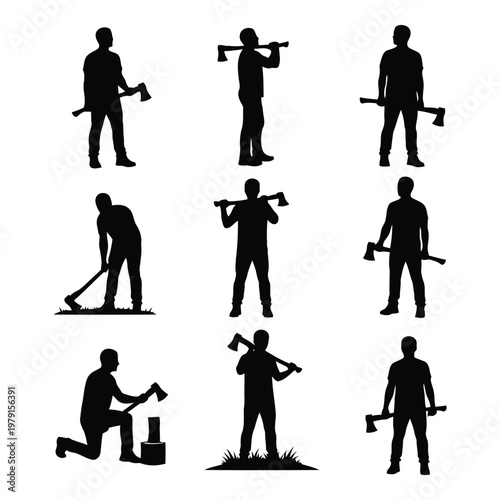 Collection of nine black silhouettes of men holding axes in various poses representing different aspects of woodcutting and outdoor work vector on white background