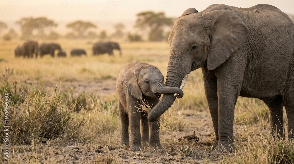 Fototapeta premium Majestic Mother Elephant Nurtures Her Adorable Calf in the African Savannah at Sunrise.