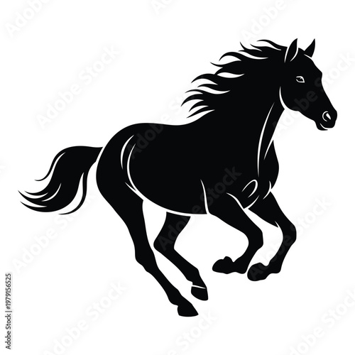 Dynamic black silhouette of a powerful horse galloping gracefully with its mane and tail flowing majestically against a clean white background conveying speed and freedom vector on white background