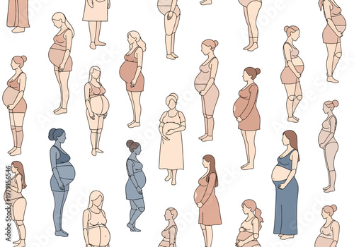 Diverse Pregnant Women Illustrations Seamless Pattern - Minimalist Motherhood and Pregnancy Concept Art