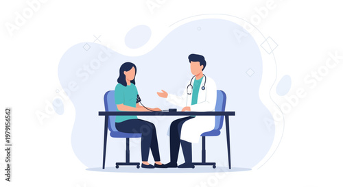 Doctor checking patient's blood pressure at desk, medical consultation, healthcare concept.