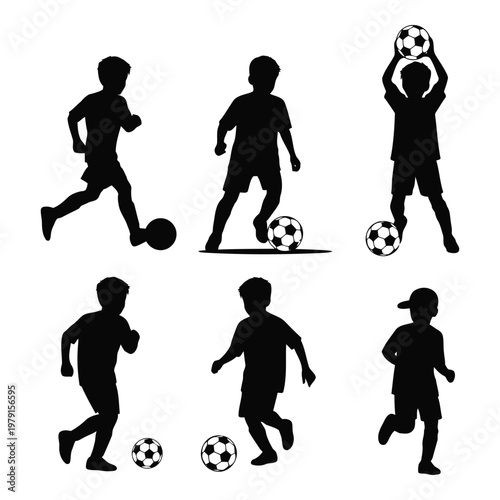 Group of diverse children silhouetted in motion playing soccer with a football in various active poses showcasing youthful energy and athleticism vector on white background