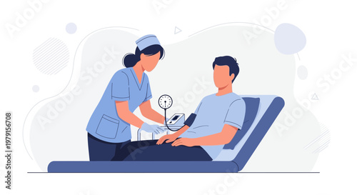 Nurse measuring patient's blood pressure with sphygmomanometer in clinic