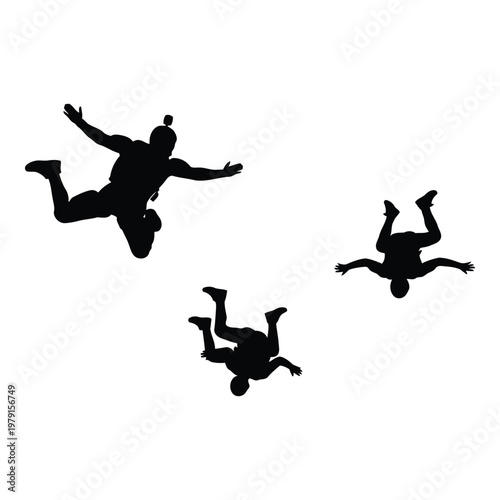 Silhouette illustrations of three skydivers captured midair during a freefall with arms and legs spread widely vector on white background