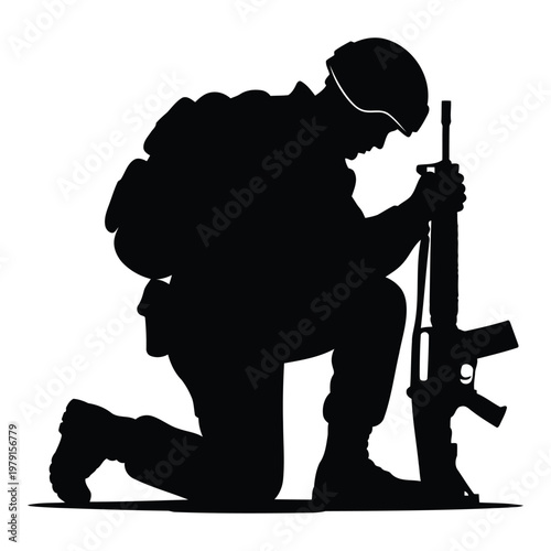 Silhouette of a kneeling soldier in full combat gear holding a rifle with a respectful bowed head symbolizing remembrance and solemnity vector on white background