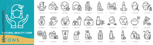 Natural Beauty Care Icon set. Organic Skincare Product, Herbal Facial Mask, Botanical Hair Care, Natural Body Lotion, Essential Oil Bottle, Herbal Soap Bar, Organic Lip Balm and Facial Massage Roller