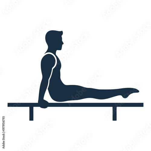 Silhouette of a male gymnast performing a strength pose on parallel bars in a sports competition event vector on white background