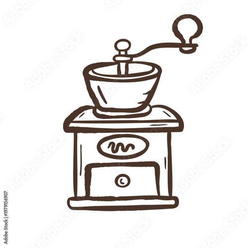 Hand drawn coffee grinder in naive doodle style. Minimal outline vintage mill illustration, classic cafe element for branding, packaging and prints.