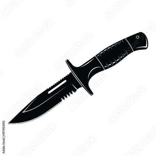 Silhouette of a serrated blade combat knife with a textured handle and guard on a white background symbolizing survival and tactical gear vector on white background