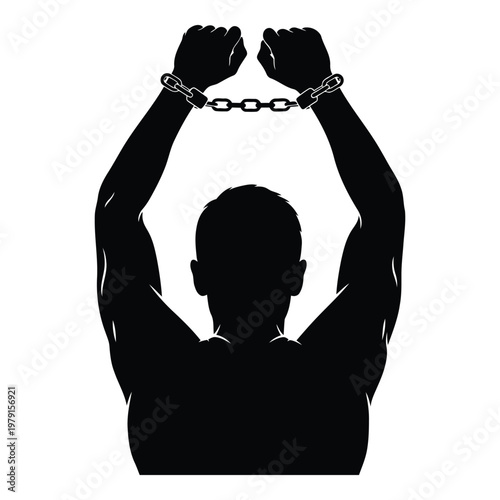 Silhouette of a persons upper body and arms raised in the air wearing handcuffs symbolizing imprisonment or restriction vector on white background