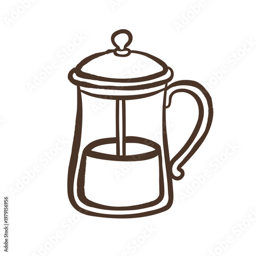Hand drawn french press coffee maker in naive doodle style. Minimal outline brewing device illustration for cafe design, packaging and branding.