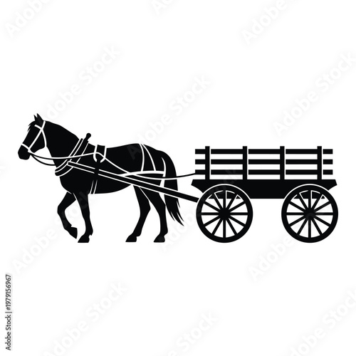Silhouette of a strong workhorse pulling an oldfashioned wooden cart with wheels on a white background symbolizing rural transportation and historical farming practices vector on white background