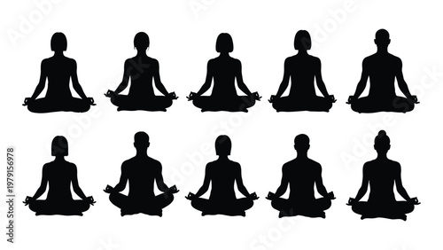 A series of black silhouettes depicts ten individuals seated in various meditative lotus positions showcasing mindful practice high quality professional detailed