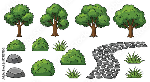 Set of Cartoon Trees, Bushes, Grass, and Stone Path Vector Elements