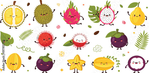 Set of Cute Exotic Fruits and Unique Characters Vector Illustrations Featuring Durian, Dragonfruit, Starfruit, and More for Healthy Lifestyle Themes