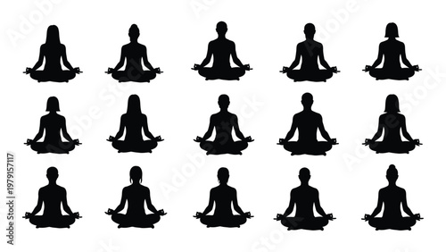 A collection of fifteen black silhouettes depicting people in various seated meditation poses suggesting mindfulness and well being high quality professional