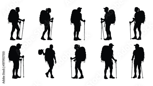 A collection of nine black silhouettes depicting hikers with backpacks and trekking poles showing various poses and perspectives high quality professional