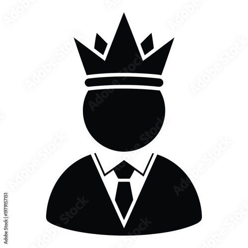 Stylized black silhouette icon representing a person wearing a formal suit and tie with a regal crown symbolizing leadership authority and success in business vector on white background