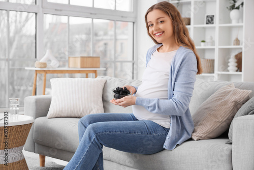 Free Download Young pregnant woman with dried prunes sitting on sofa at home - GFXLoad