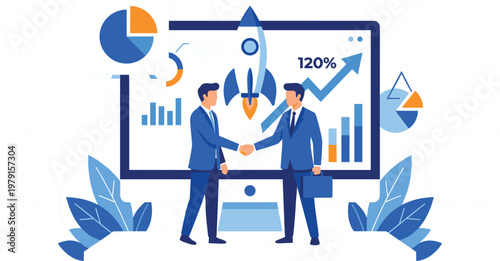 Startup growth success concept with business handshake rocket launch and financial charts showing rapid increase performance illustration.eps