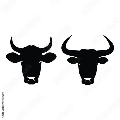 Two silhouette heads of different bovine animals featuring prominent horns and ears presented in a frontal view against a clean backdrop vector on white background