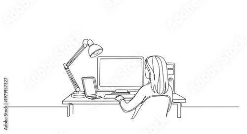 Woman working at desk with computer and lamp, line art illustration