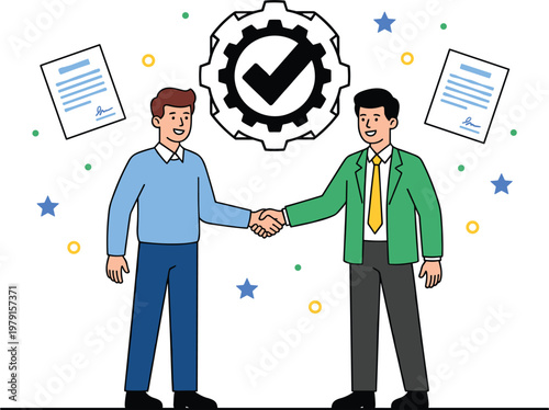 Successful partnership agreement with handshake and approved certification documents trust verification and quality assurance business concept illustration.eps
