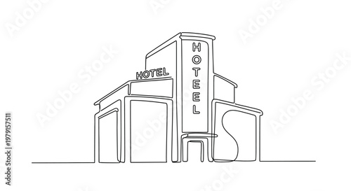 Minimalist Line Art Drawing of a Modern Hotel Building with Signage