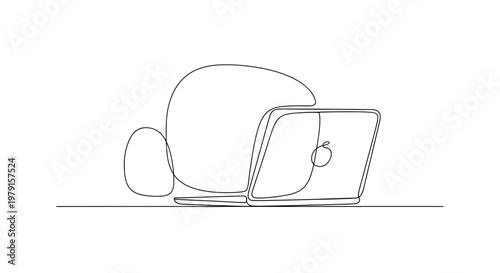 Minimalist line art of a person working on a laptop, abstract design, remote work concept