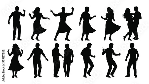 A collection of black silhouette figures depicts diverse people dancing and interacting in various poses and pairings high quality professional detailed