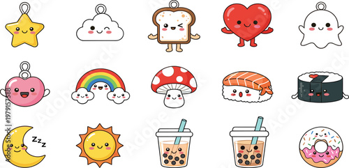 Set of Cute Bear and Animal Character Charms in Various CSet of Cute Kawaii Food and Drink Charms Featuring Sushi, Boba, Donut, Rainbow, and More in Playful Designsolorful Costumes and Accessories