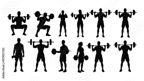 A collection of black silhouettes depicting various weightlifting poses and stages of exercise for strength training high quality professional detailed modern