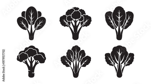 Broccoli and Leafy Greens Icons in Silhouette Style
