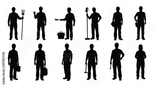 A collection of black silhouette figures showcasing various professions including laborers workers and individuals with tools high quality professional detailed modern