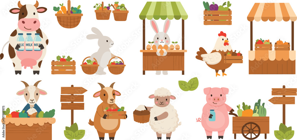 Fototapeta premium Set of Farm Market and Animal Illustrations Featuring Cow, Goat, Sheep, Pig, Chicken, and Fresh Organic Produce Stalls