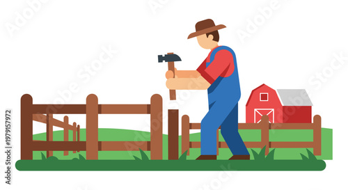 Man fixing wooden farm fence.