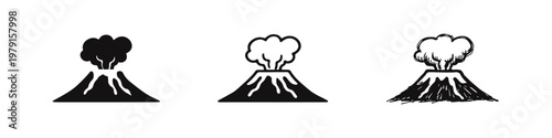 Active Volcano Eruption Icons Collection. Mountain Volcano with Smoke Symbol. Minimalist Geological Hazard Vector Set