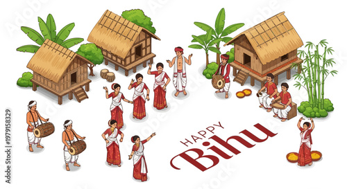 Isometric vector illustration showcasing a Happy Bihu celebration with traditional Assamese dancers performing near rural huts and musicians playing drums, set against a clean white