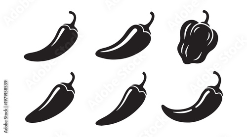 Collection of chili pepper icons with varied shapes on a white background