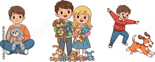 Children with Stuffed Animals and Dogs Illustration Set Featuring Kids Playing with Toys and Pets for Family, Childhood, and Animal Designs