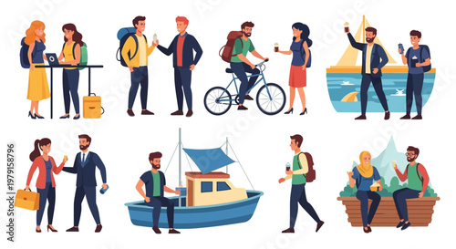Diverse people enjoying travel and leisure activities, including cycling, sailing, and business meetings.