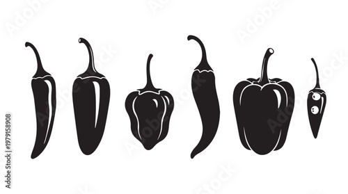 Collection of various chili peppers and bell pepper silhouettes on white background