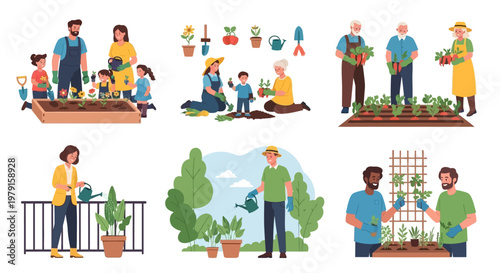 Diverse people gardening together, enjoying outdoor activities and growing plants