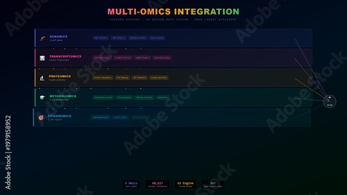 Showcasing the analytical process, AI drug discovery is powered by multi omics data integration in a dynamic digital interface.
