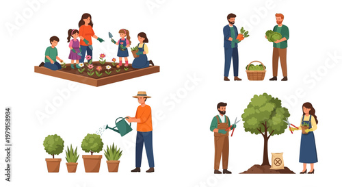 Diverse people gardening, harvesting, watering plants, and pruning trees in a vibrant illustration.