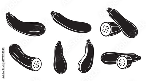 Collection of zucchini silhouettes from various angles on a white background