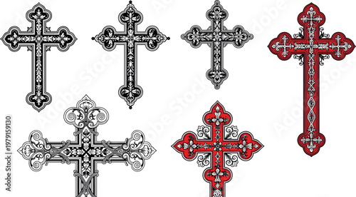 Ornate Crosses Illustration Set Featuring Intricate Decorative Patterns for Religious, Spiritual, and Cultural Designs