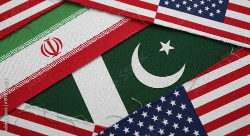 A torn and distressed collage of the flags of Iran, Pakistan, and the United States, symbolizing international relations and global politics.