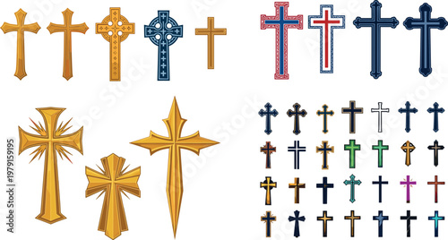 Decorative Crosses Illustration Set Featuring Different Styles and Colors for Religious, Spiritual, and Cultural Designs